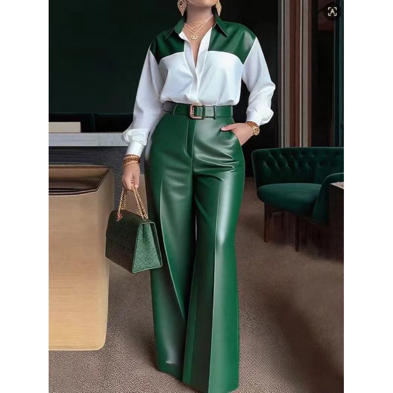 

Women s Two-piece Set: Long-sleeve Shirt with Belt and Wide-leg Leather Pants 3XL зелёный