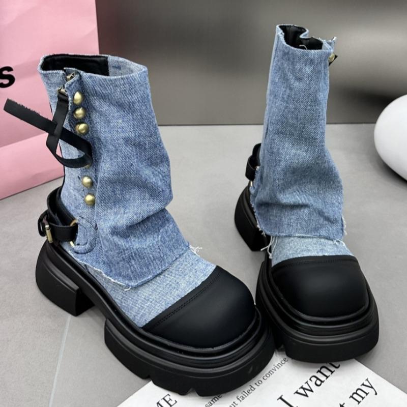 2024 New Thick-soled Women's Flat-soled Ankle Cowboy Boots Winter Fashion Gothic Fashion Trendy Motorcycle Short Boots