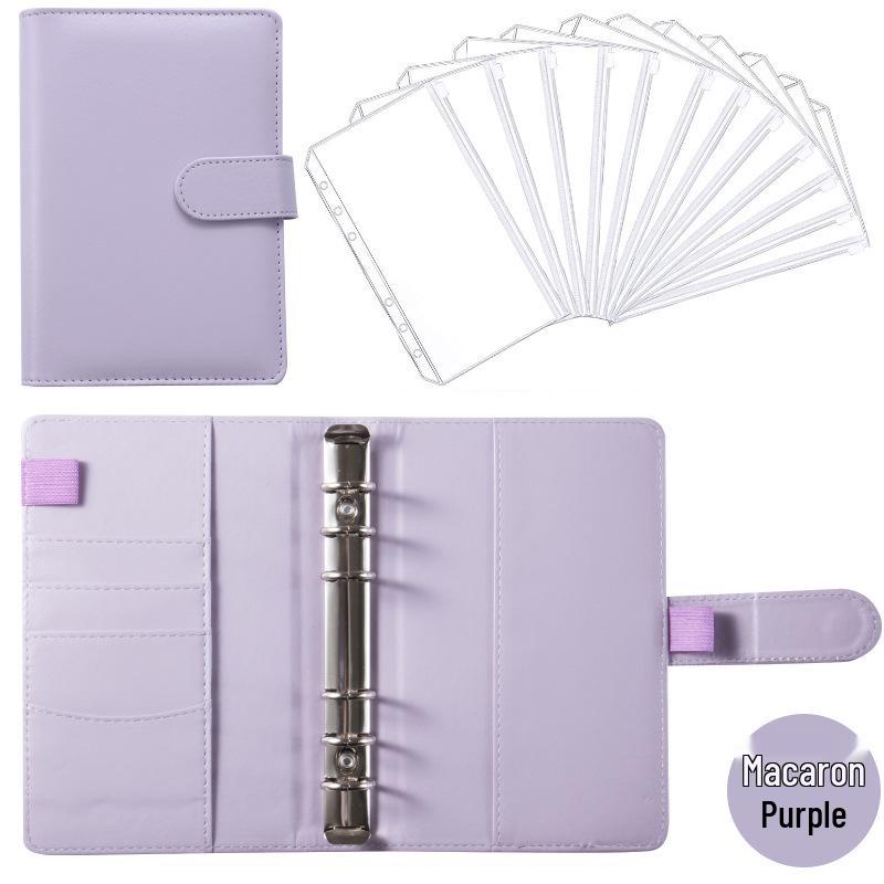 A6 Macaroon Leather Notebook Binder with 12 Refillable Zipper Pockets for Bills and Coins