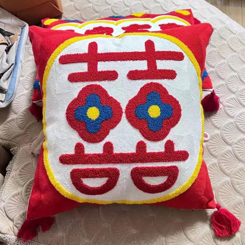 Chinese Wedding Red Double Happiness Celebration Cushion Cover Embroidery Tufted Cushion Cover Wedding Room Decor Pillowcase