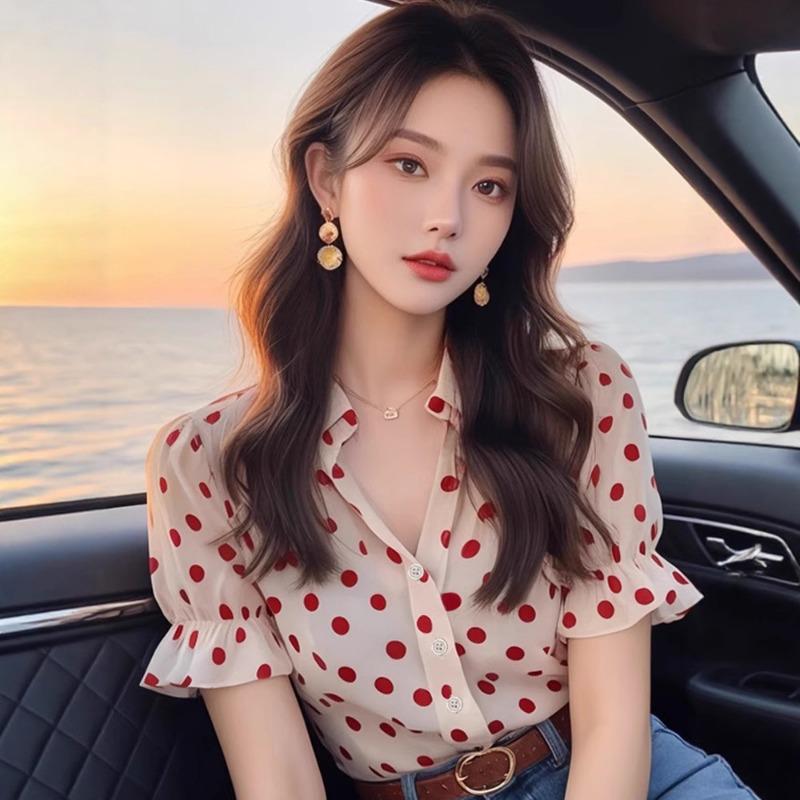 Women Lapel Polka Dot Ruffle Cuff Short Sleeve Blouse S красный