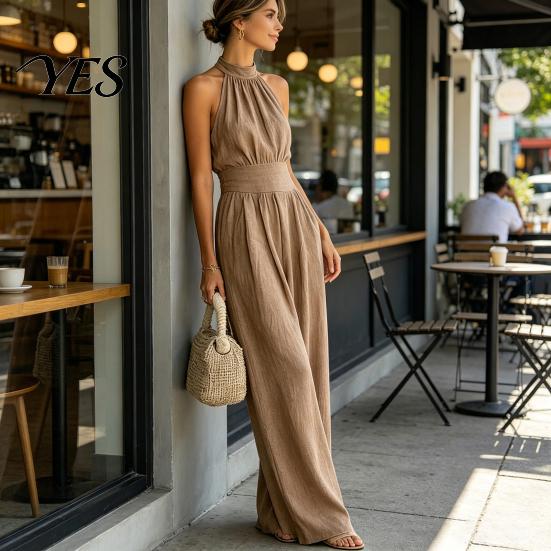 Tuta Resistente alle Pieghe da Donna con Scollo all'Americana, Senza Maniche Casual con Gamba Larga, Elastica per Ragazze Estate Vita Alta Monopezzo