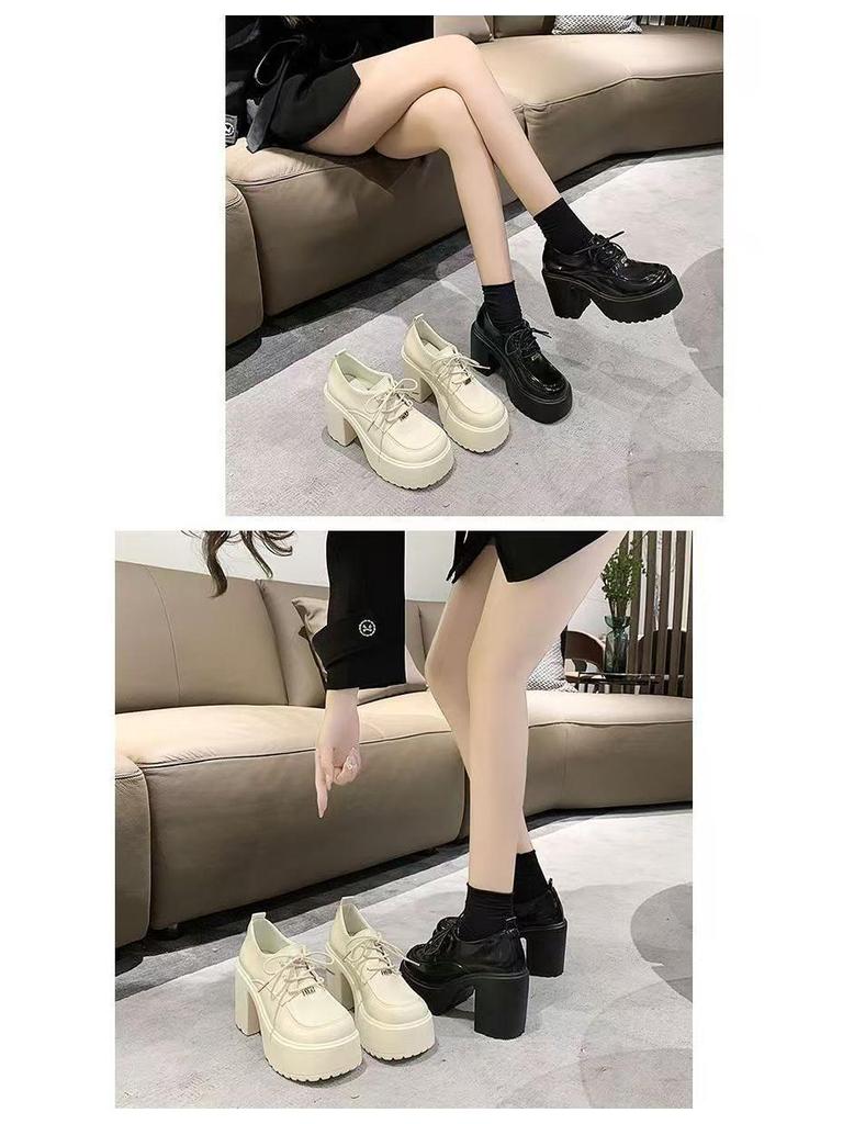 2025 Spring Women's Mary Jane High Heels: New Fashion Platform Chunky Lace-Up Leather Dress Shoes