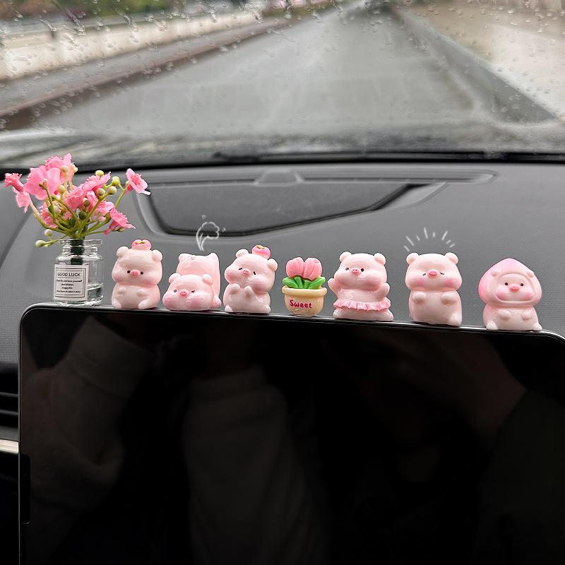 1 Set Cute Car Ornaments Cartoon Resin Piggy Model Car Center Console Decoration Auto Interior Dashboard Accessories
