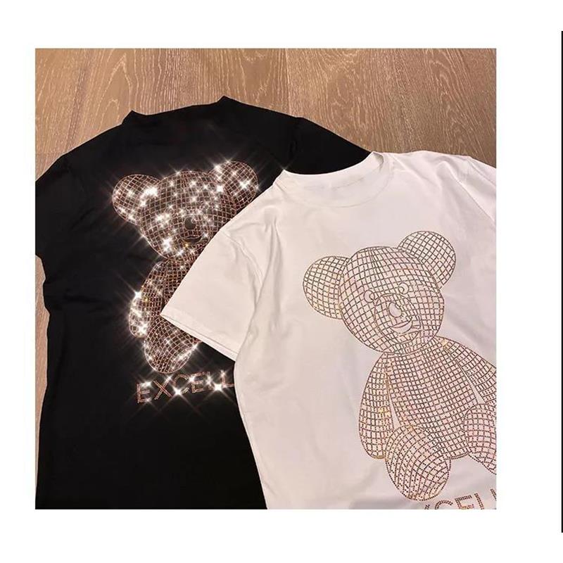 Women's Spring and Summer Shiny Cute Bear Pattern Short Sleeve Loose Large Size Round Neck T-Shirt