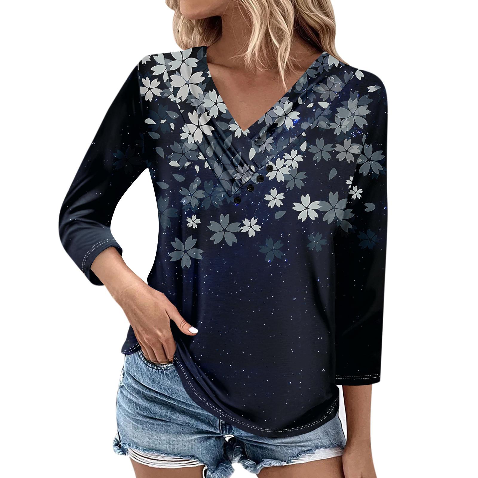 Женские повседневные футболки с рукавом 3/4 для выходных с V-образным вырезом и принтом — фото 3