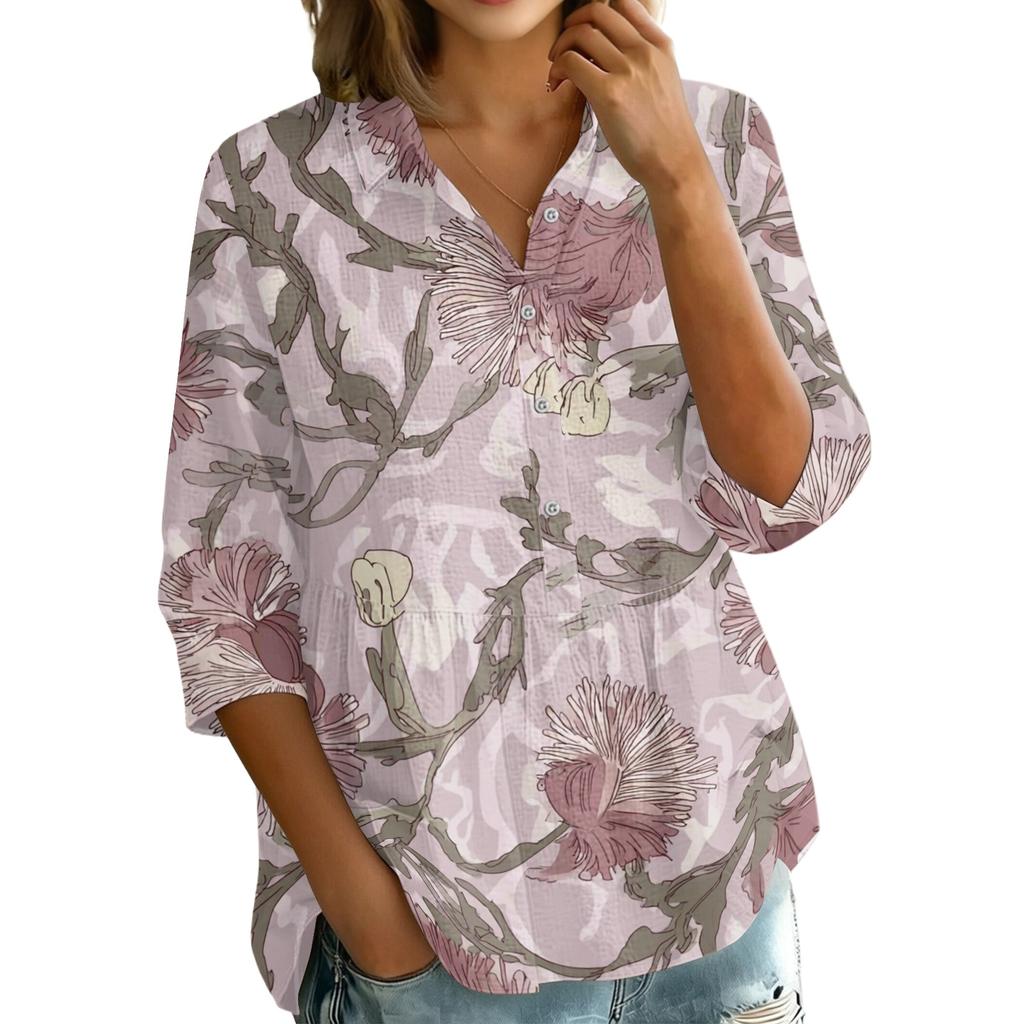 Womens Button Front Shirt Vintage Floral Print Three Quarter Sleeve Loose Fit Blouse Casual Lightweight Top for Everyday Wear