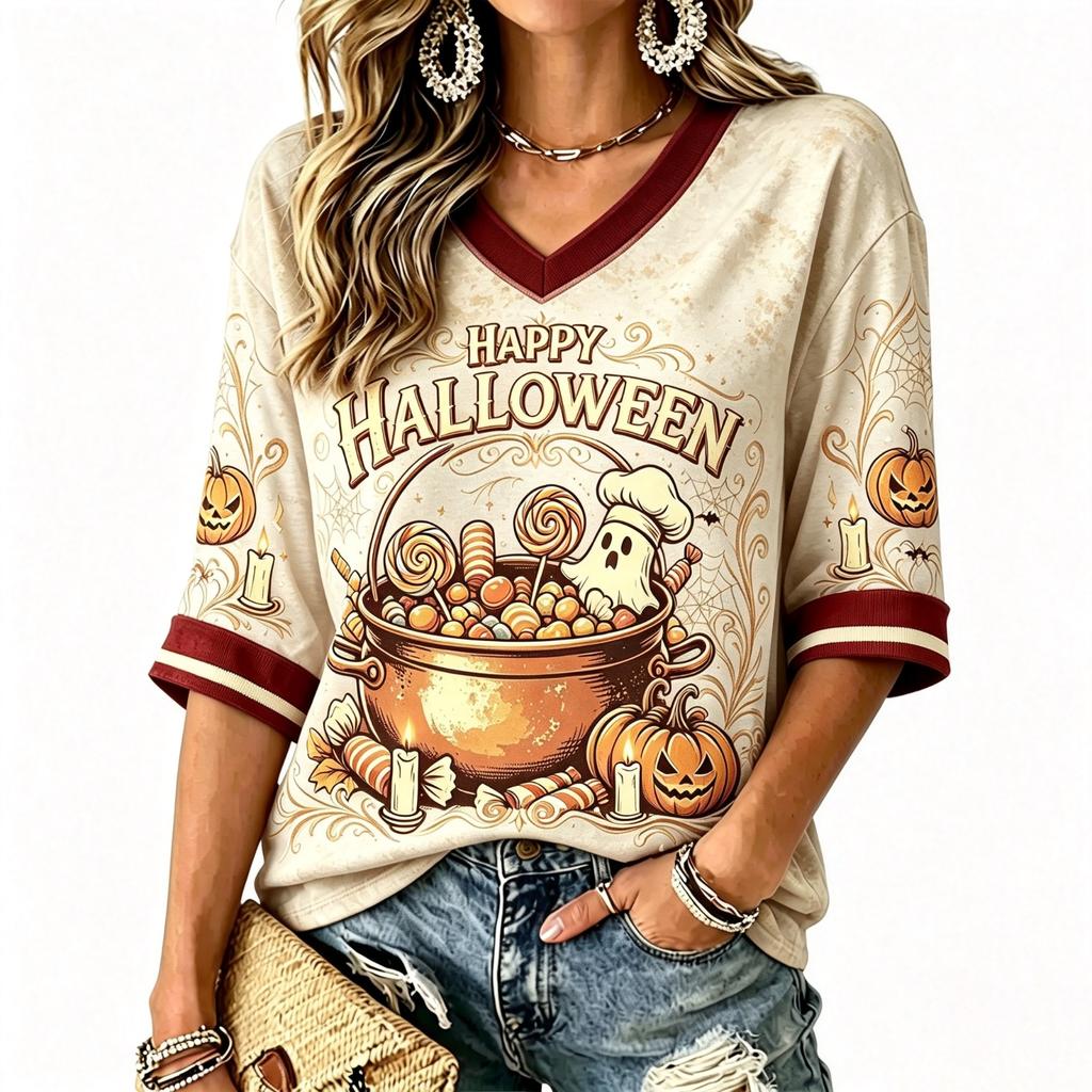 Women's Fashion Casual V-Neck T-Shirt with Halloween Print for Holiday Parties and Everyday Wear