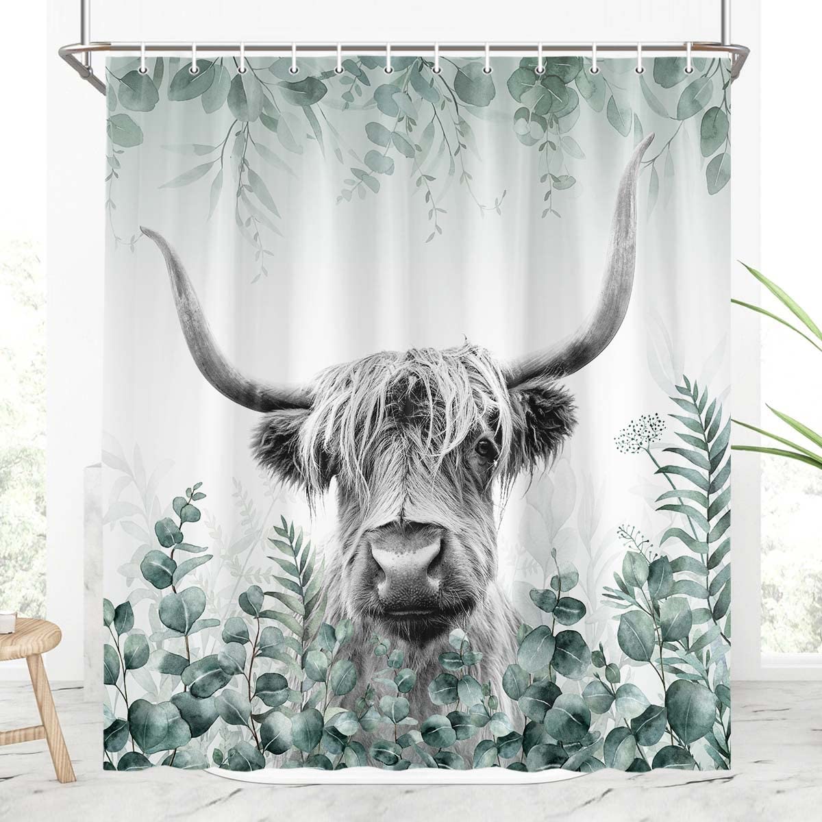 

Farm Highland Cattle Print Shower Curtain Funny Cow Floral Decor Country Style Waterproof Bothroom Bathtub Screen With Hooks W60H190(CM)-1 Pcs