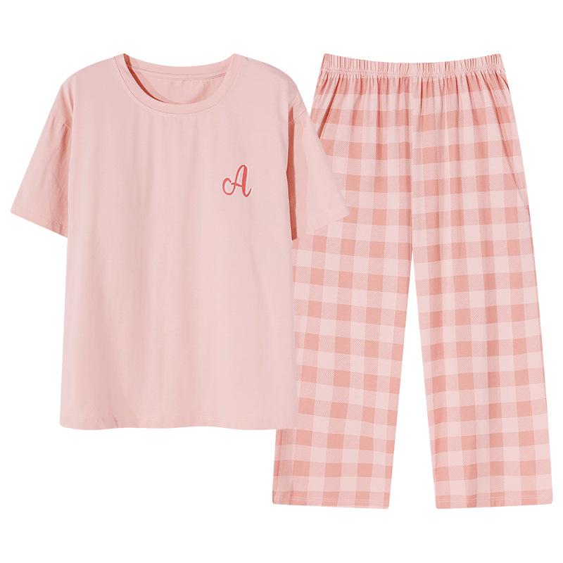 Women's Summer Cotton Pajama Set: Short Sleeve Top & Three-Quarter Pants, Thin & Plus Size