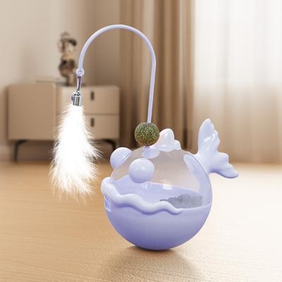 Funny Fish Shape Cat Leakage Food Toy Tumbler Plastic Cat Treat Dispenser with Feathers with Bells Cat Teaser Wand Interest
