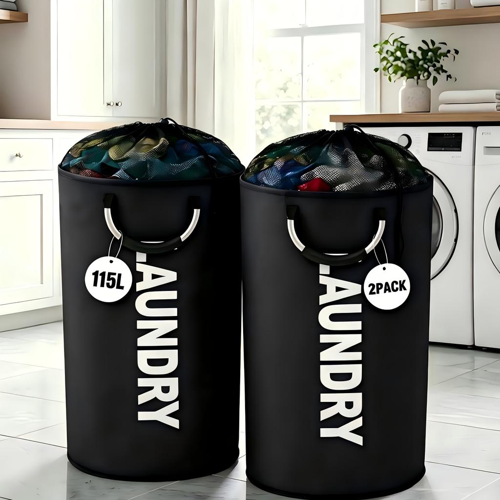 2-Pack Oxford Fabric Foldable Laundry Baskets, 25.1gal/30.38gal Clothes Storage Bins with Drawstring Closure and Ring Handles