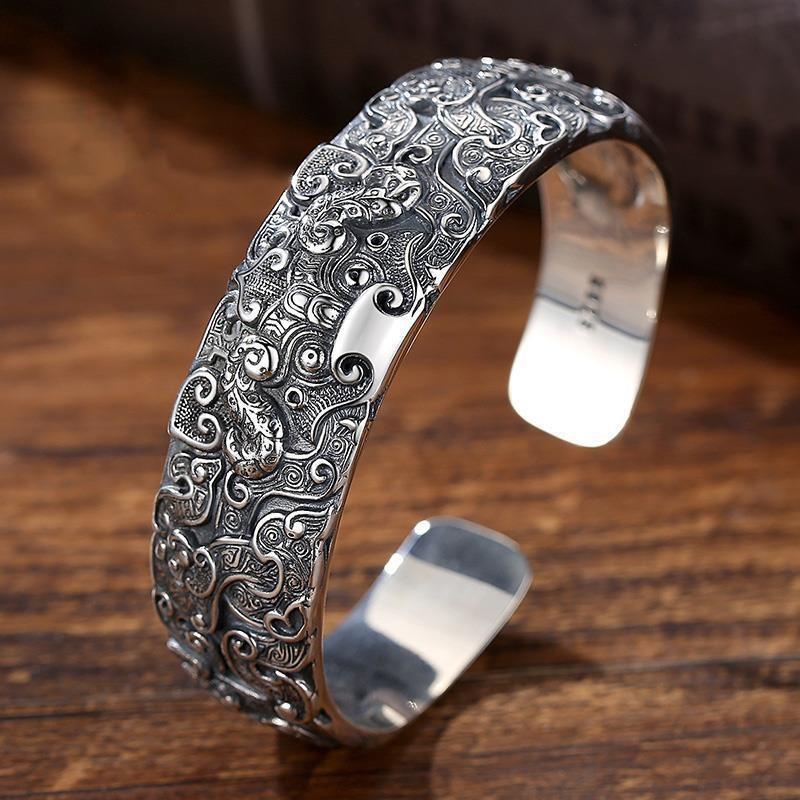 High End Kuiniu Bracelet for Men, Gluttonous Beast Face Pattern, Horned Dragon Silver Bracelet, Retro and Powerful New Style