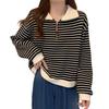 Plus Size Women's American Stripe Polo Collar Sweatshirt - Autumn/Winter Loose Fit Half Zip Long Sleeve Top.