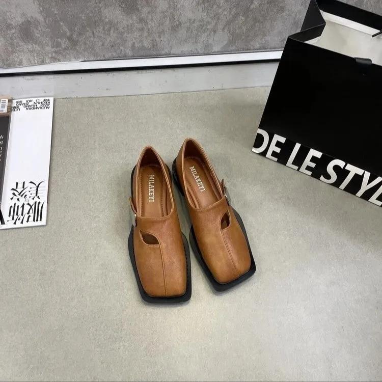 Womens Derby Shoes Square Toe Female Footwear Leather Comfortable On Heels Dress New High Mary Janes Pumps Shoes Woman Flats Squ