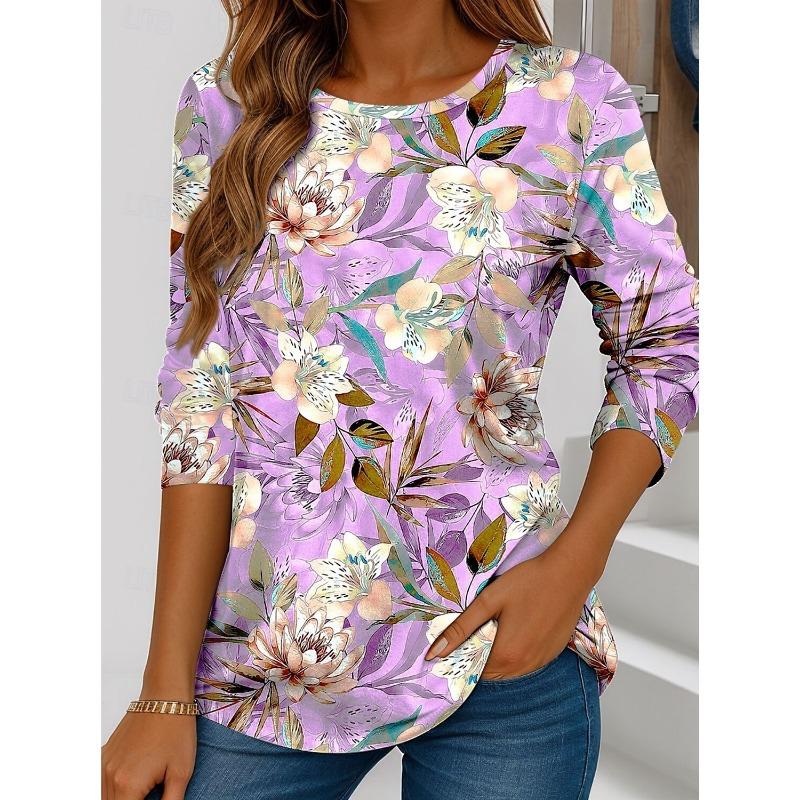 Spring and Autumn Women's T Shirt Floral Graphic Plants Stylish Casual Long Sleeve T-shirts Round Neck Regular Tops Flower Printed Pullover