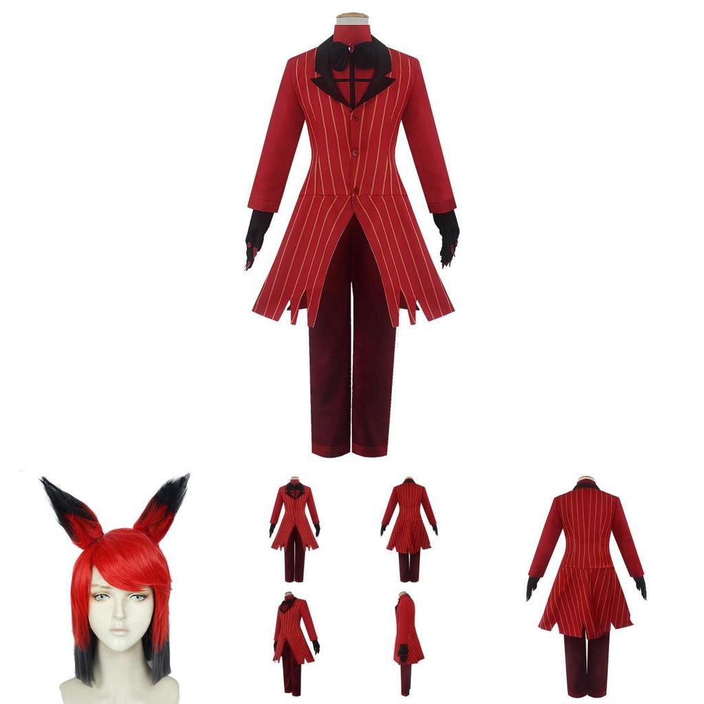 Nádherná cosplay sada kostýmu Alastora z Hazbin Hotelu s živým červeno-černým designem