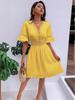 European & American Women's Summer V-neck Solid Color Dress with Patchwork Lace & Waist-cinching Design