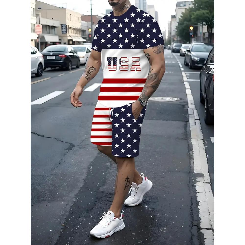 Fashion Men's Short Sleeve Suit Casual Loose Printing Versatile Unisex Sports Clothing