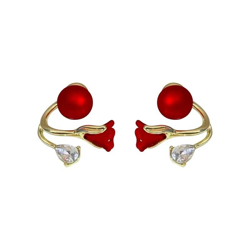 111 Silver Needles, a Multi-wear Red Tulip Earring Temperament New Rear-hanging Pearl Stud Earrings, Flower Earrings.