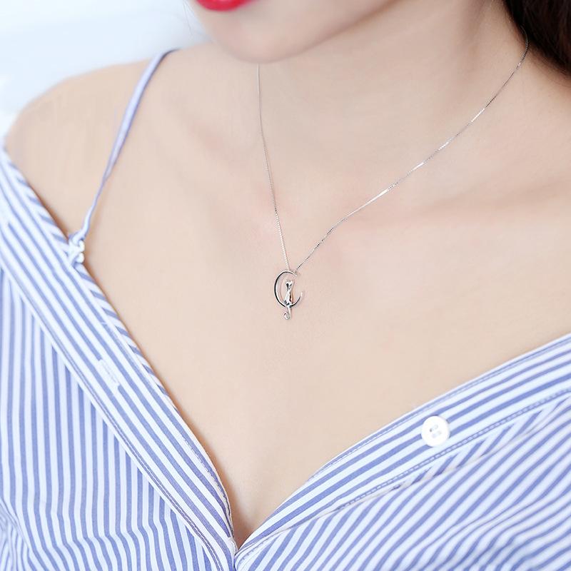 Korean 925 Silver Moon Cat Necklace - Women's Clavicle Chain Jewelry