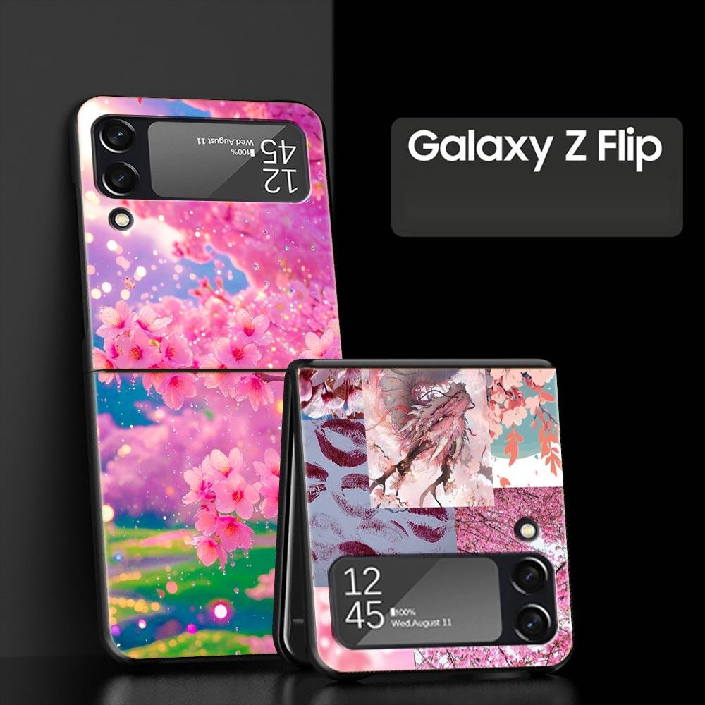 Korean Flower Hard PC Phone Case For Samsung Galaxy Z Flip 7 6 5 4 Black Cover For Galaxy Z Flip 3 Foldable Fundas Shell Capas