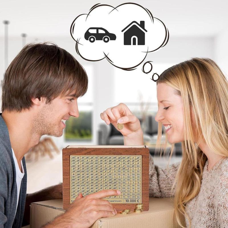 Creative Wooden DIY Piggy Bank with Money Saving Challenge Stickers