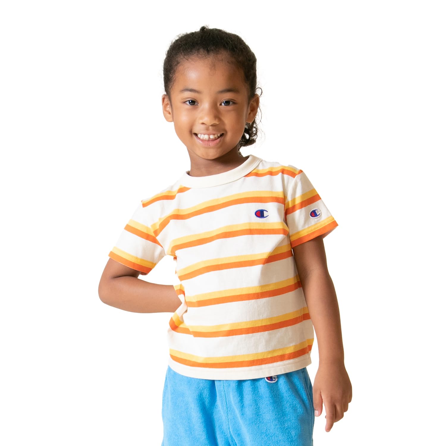 

Champion Short Sleeve Binder Striped Short Sleeve Ivory Kids T-Shirt, 100% Cotton, Neck, One-Point Logo, T-Shirt, Basic, CK-Z305, слоновая кость