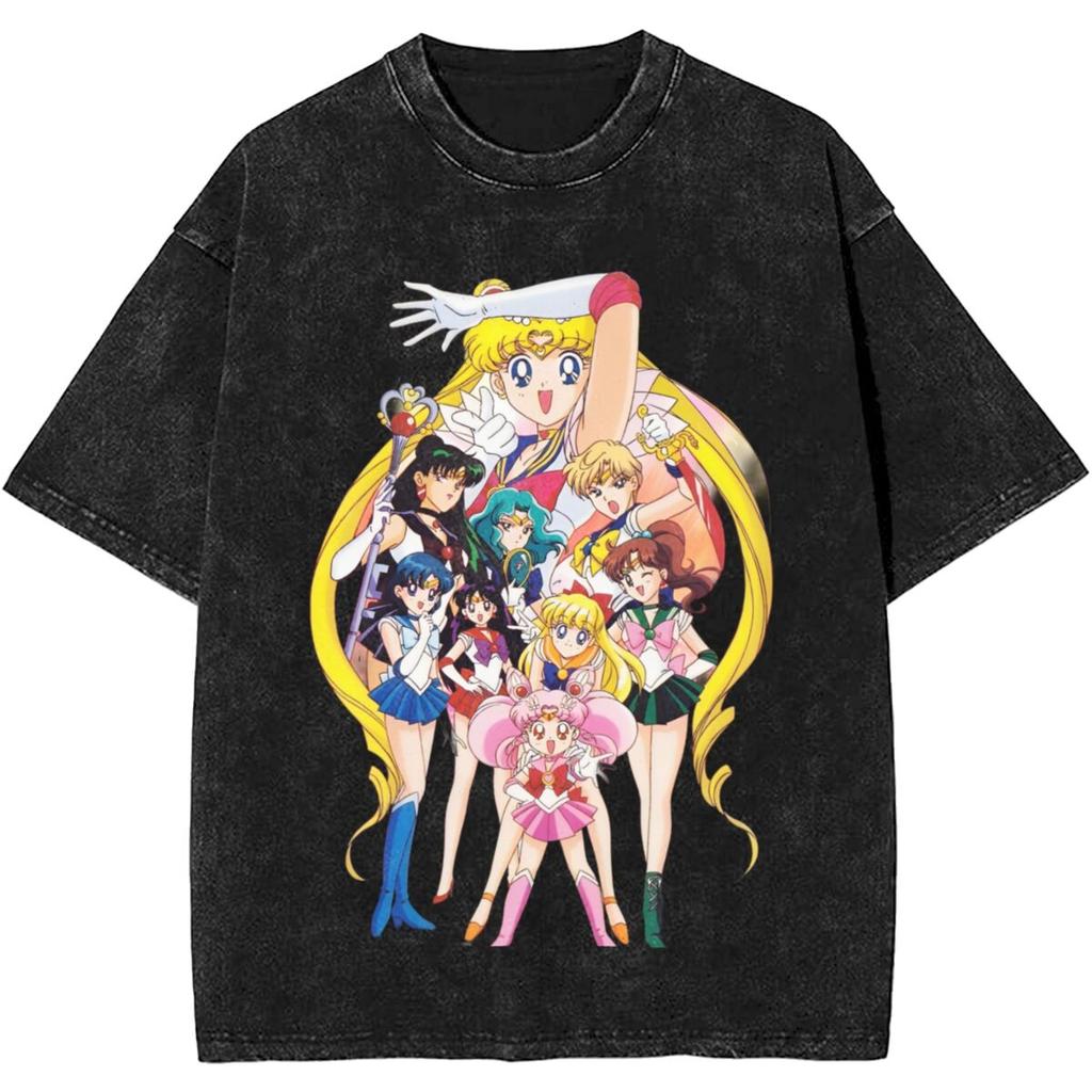 Sailor Moons Vintage Vasket T-skjorte Menn Kvinner 100% Bomull Casual T-skjorte O-hals Anime Tees Kortermet Klær Pluss Størrelse