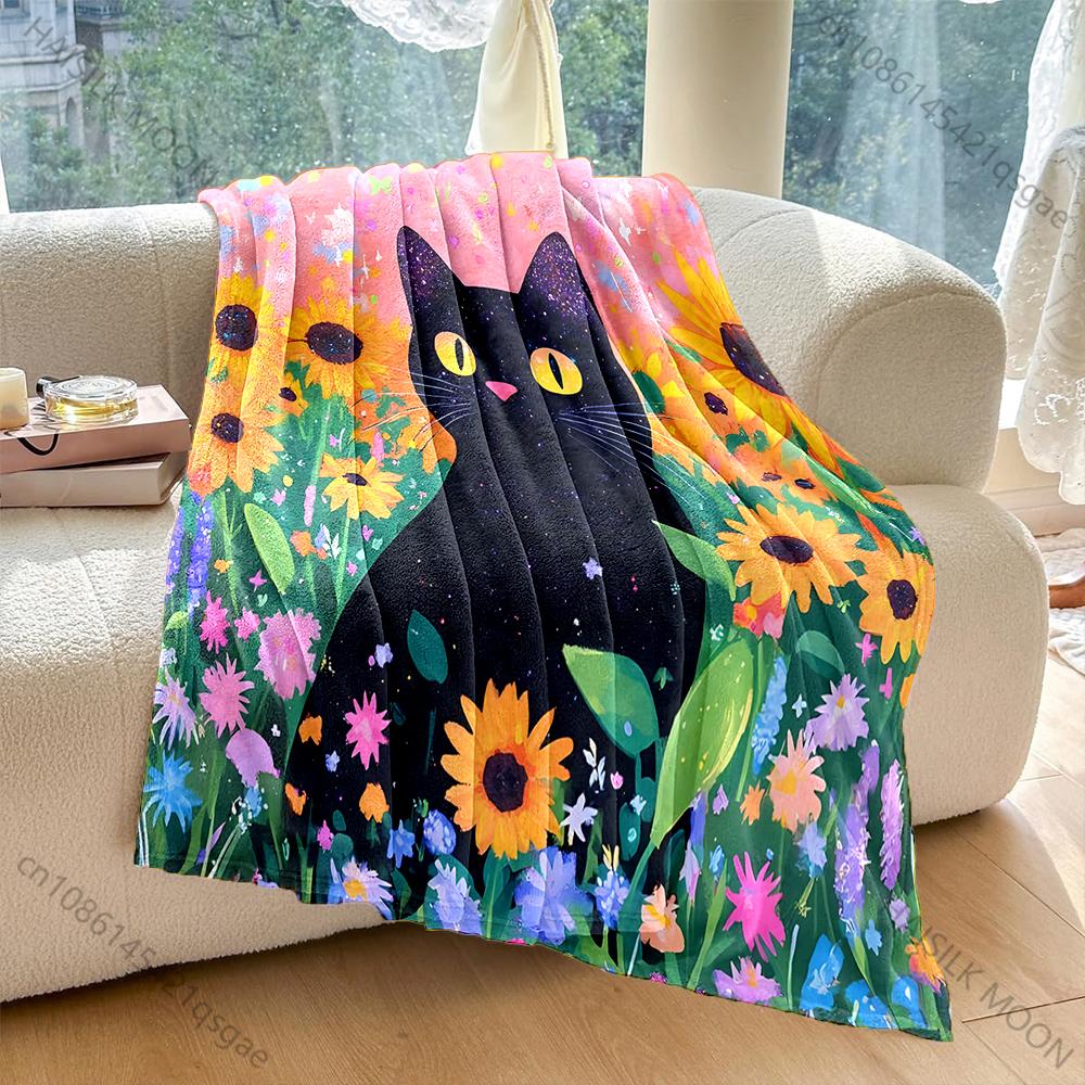 

Multi-Size Oil Painting Style Cat Facing Sunflower Printed Blanket, All-Season Multi-Use for Nap Camping Travel Car Sofa RV 75x90cm