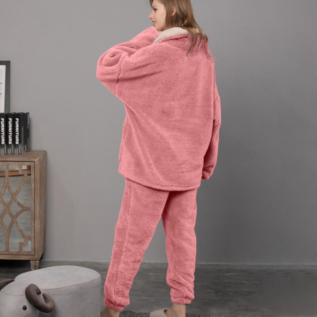 Ladies' Casual And Comfortable Round Neck Warm And Plush Home Clothes Cardigan Sleepwear And Pants Set