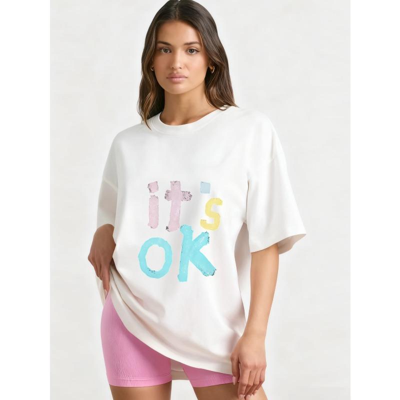 

Oversized T Shirt Black Its OK Colorful Text Print Casual Streetwear Fashion Women Summer Top XXXXL белый