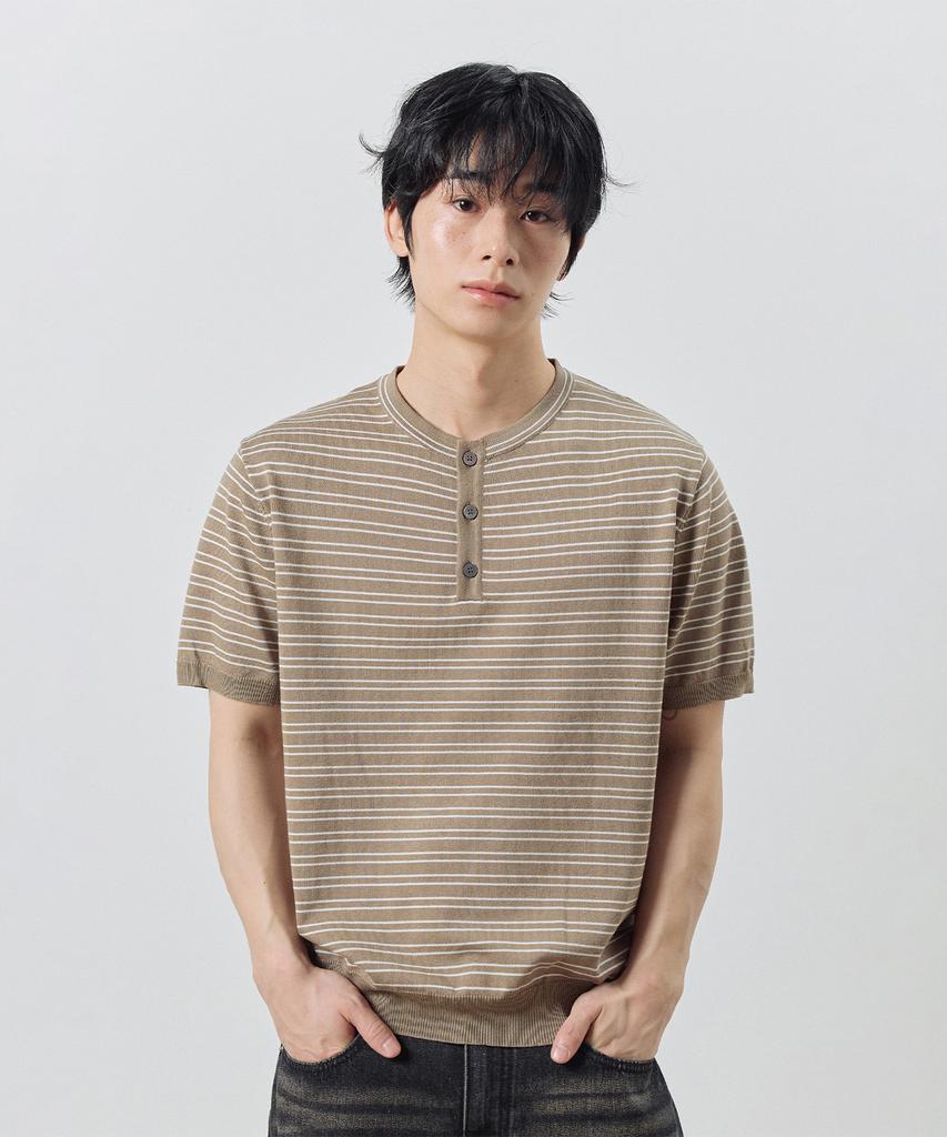 Dibsenseu Striped Henley Neck Short Sleeve Knit