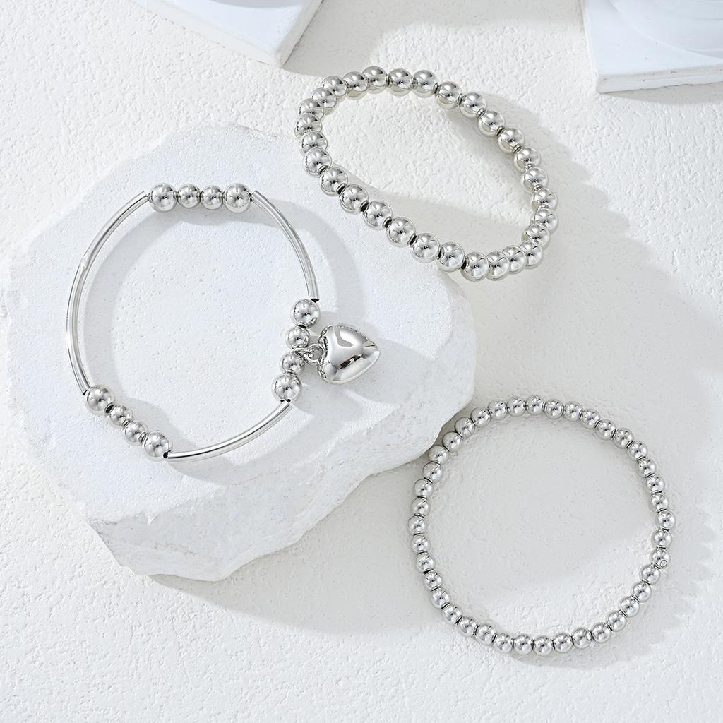 3 Pcs/Set Fashion Heart Pendant Bracelets Set for Women Vintage Simple Silver Color Ball Beaded Bracelets Bangles Jewelry Gifts