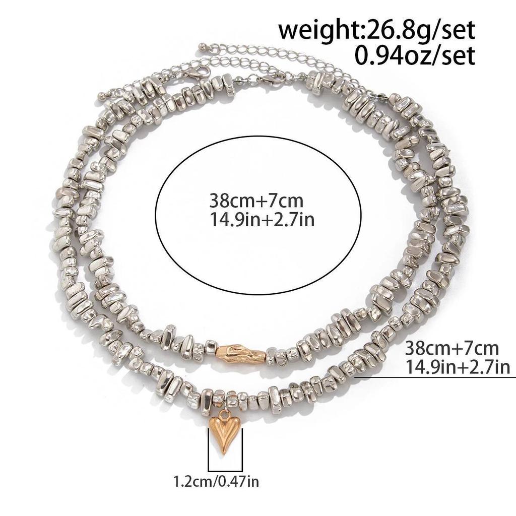 Salircon 2Pcs/set HipHop Irregular CCB Beads Chain Necklace Women Vintage Gold Color Heart Pendant Necklace Jewelry Holiday Gift