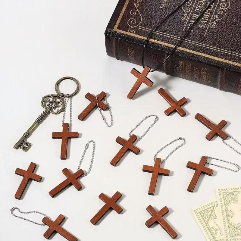 100Pcs Mini Wooden Crucifix Pendant With Beaded Chain For Keychain or Bag Charm Natural Wooden Jewelry Accessory
