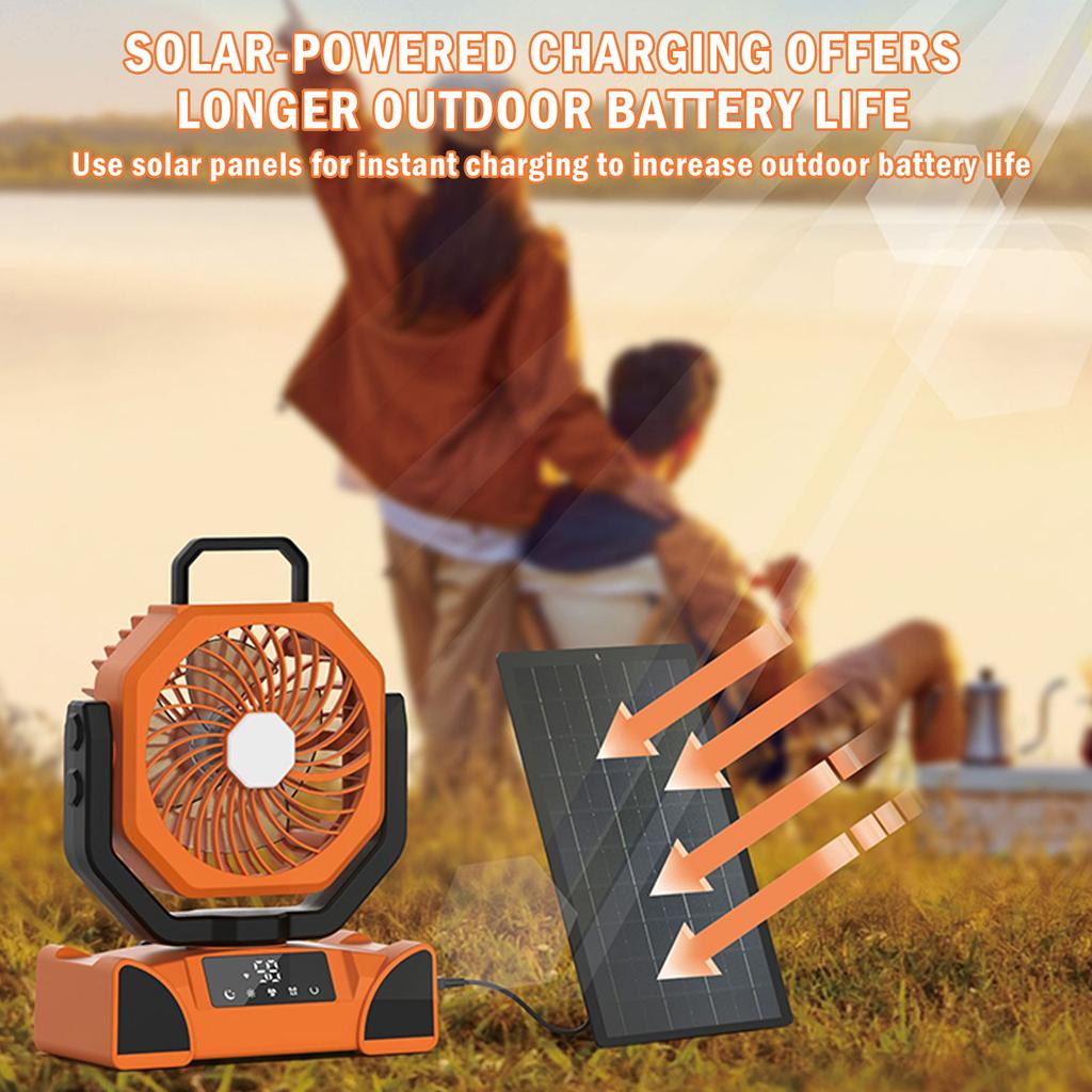 New Camping Fan Outdoor Solar External Digital Display Large Capacity Emergency Power Supply Shaking Head Lighting Fan 2W MA Capacity
