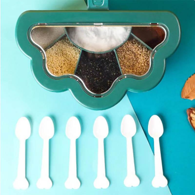 One-in-one Six-grid Seasoning Box Multi-grid Kitchen Household with Lid Moisture-proof Dust-proof Seasoning Bottle Kitchen Supplies with 6 Spoons