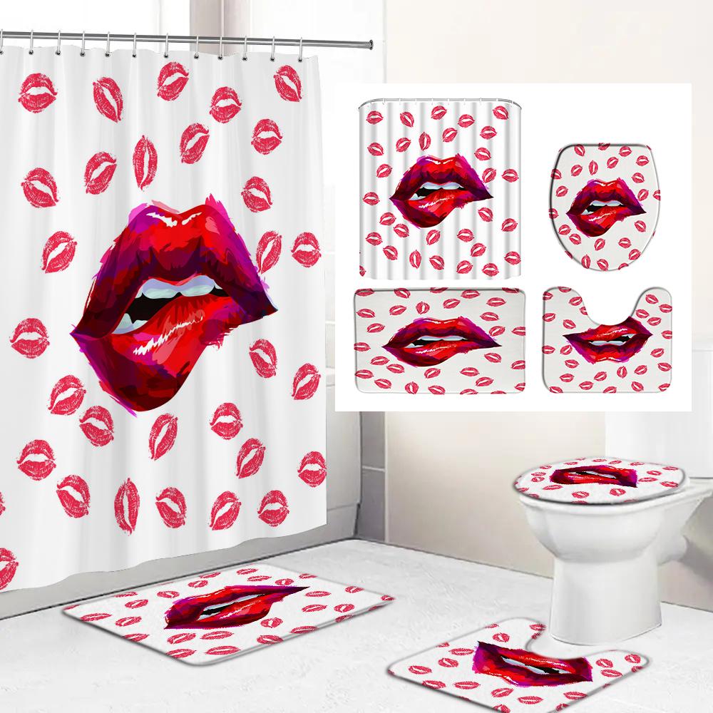 Romantic Red Lip Black Fabric Shower Curtain Set Toilet Lid Cover Bath Mat Valentine'S Day Bathroom Curtains With Hooks Decor