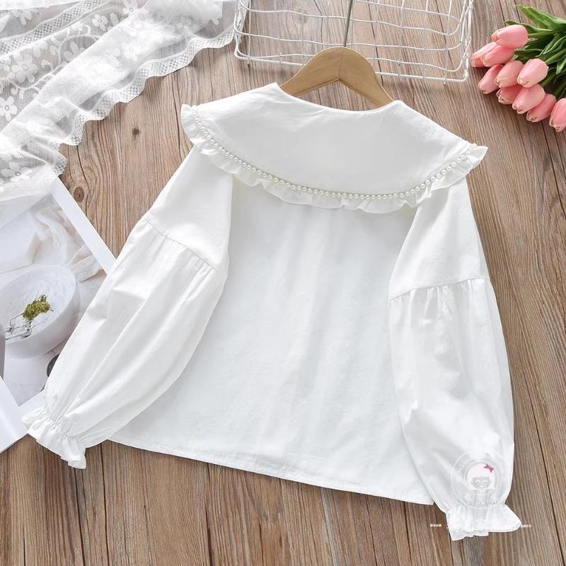 Girls Long-sleeved Shirt New Spring Girls Autumn Children's Lapel Baby Girl Shirt Lace White