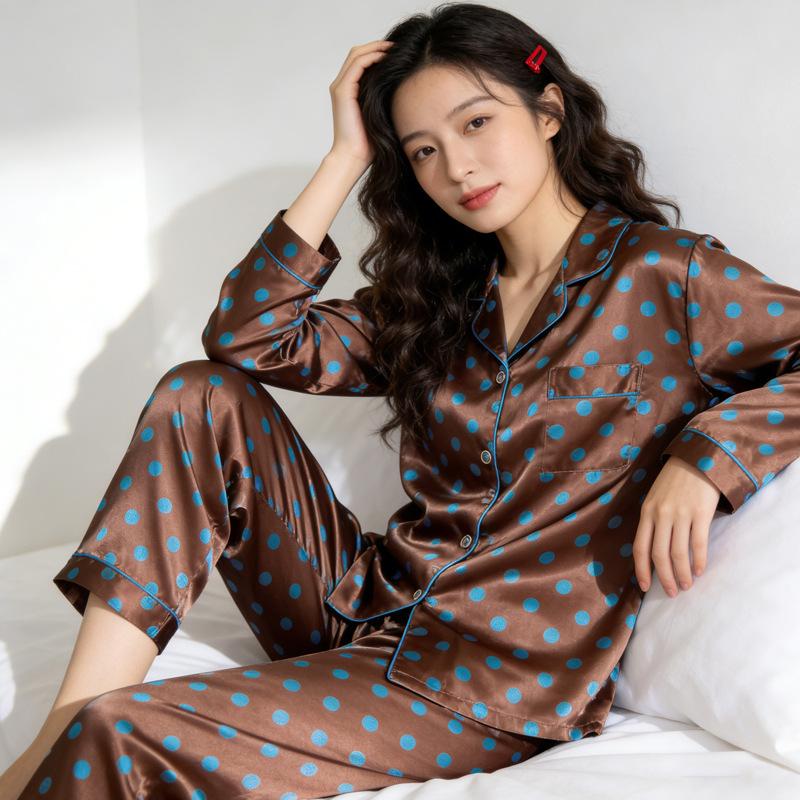 Ice Silk Pajamas Women'S Spring And Summer Thin Long-Sleeved Trousers Lapel Lazy Style Loungewear