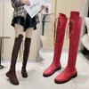 Casual Women's Boots Low Heels Flock Winter Lace Up Over Knee Boots Fashion Green Square Heel Round Toe Side Zipper Women Shoes