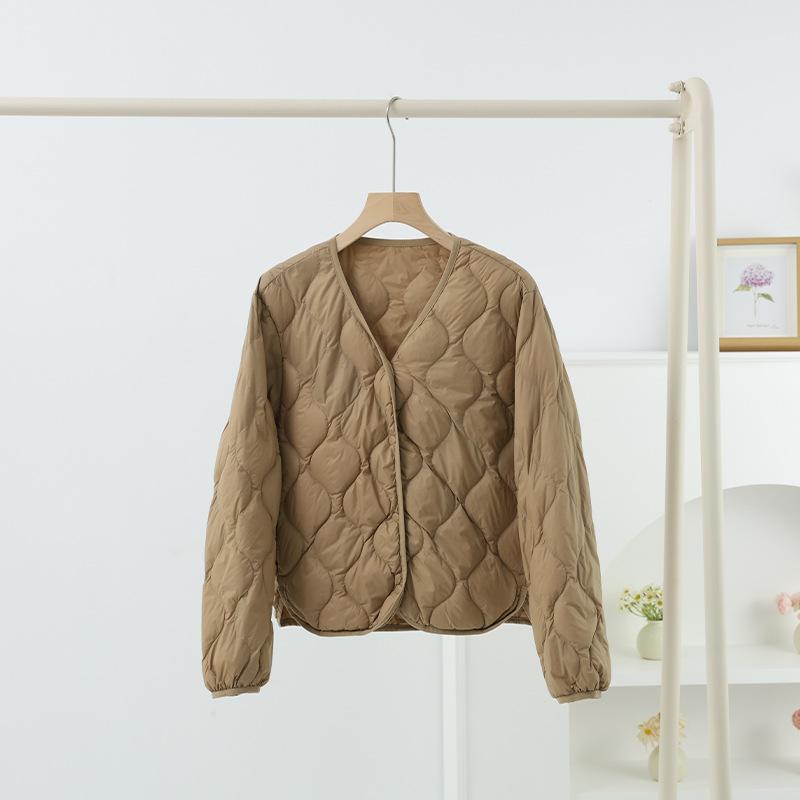 Autumn and winter new simple V-neck casual light and thin short down jacket women's jacket versatile collarless light and thin liner