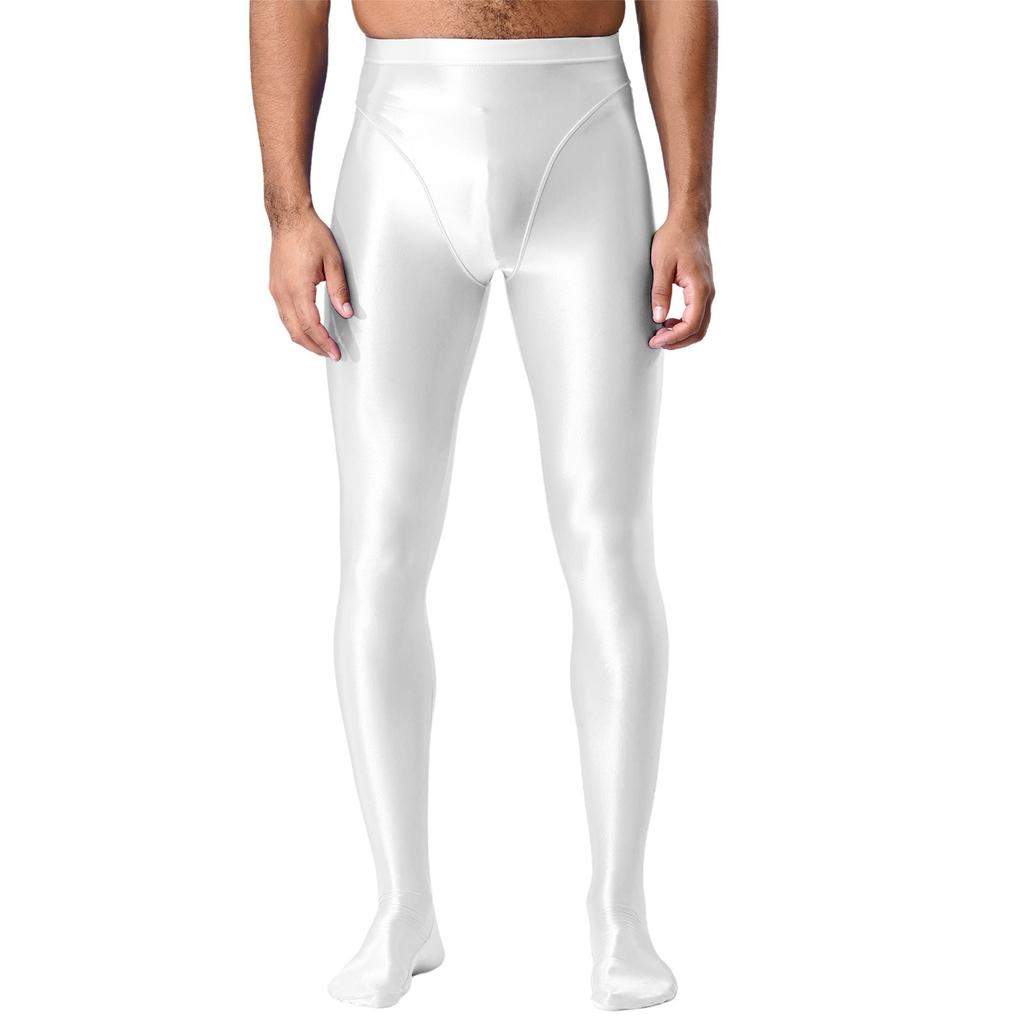 Męskie błyszczące legginsy o wyglądzie mokrej skóry Błyszczący elastyczny pas Wzór ze stopami Dopasowany krój Obcisłe spodnie-rajstopy