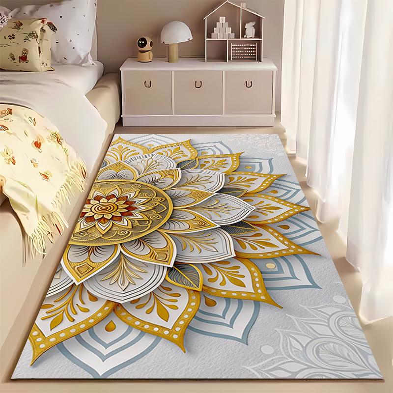 Area Rug, 3D Mandala Flower Gold White Paper Cut Art Print, Living Room Decor, Non-Slip Mat