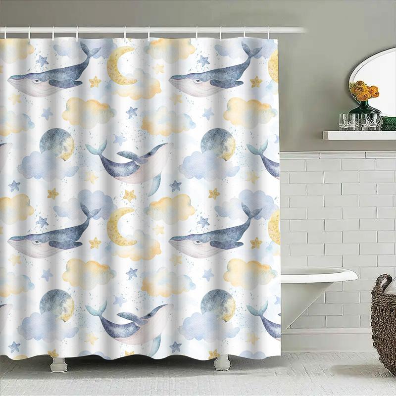 

Whale Tail Moon Light Cloud Bath Curtain Set for Kids Bathrooms Decoration Blue White Print Shower Curtains with Hooks (180x240c 90x180cm
