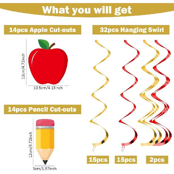 60PCS Back To School Party Swirls Decorations First Day of School Hanging Swirls Welcome Back To School Apple Pencil Hanging Decor Supplies for