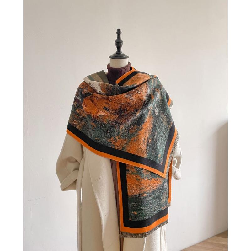 Autumn and winter new oil painting style double-sided jacquard scarf women's high-end sense versatile shawl scarf thickened warm scarf