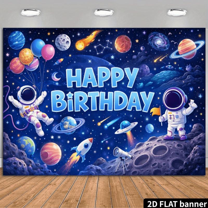 Space Space Birthday Background Cloth, Deep Blue Starry Sky with Light Blue Glitter "Happy Birthday" Character, Astronaut