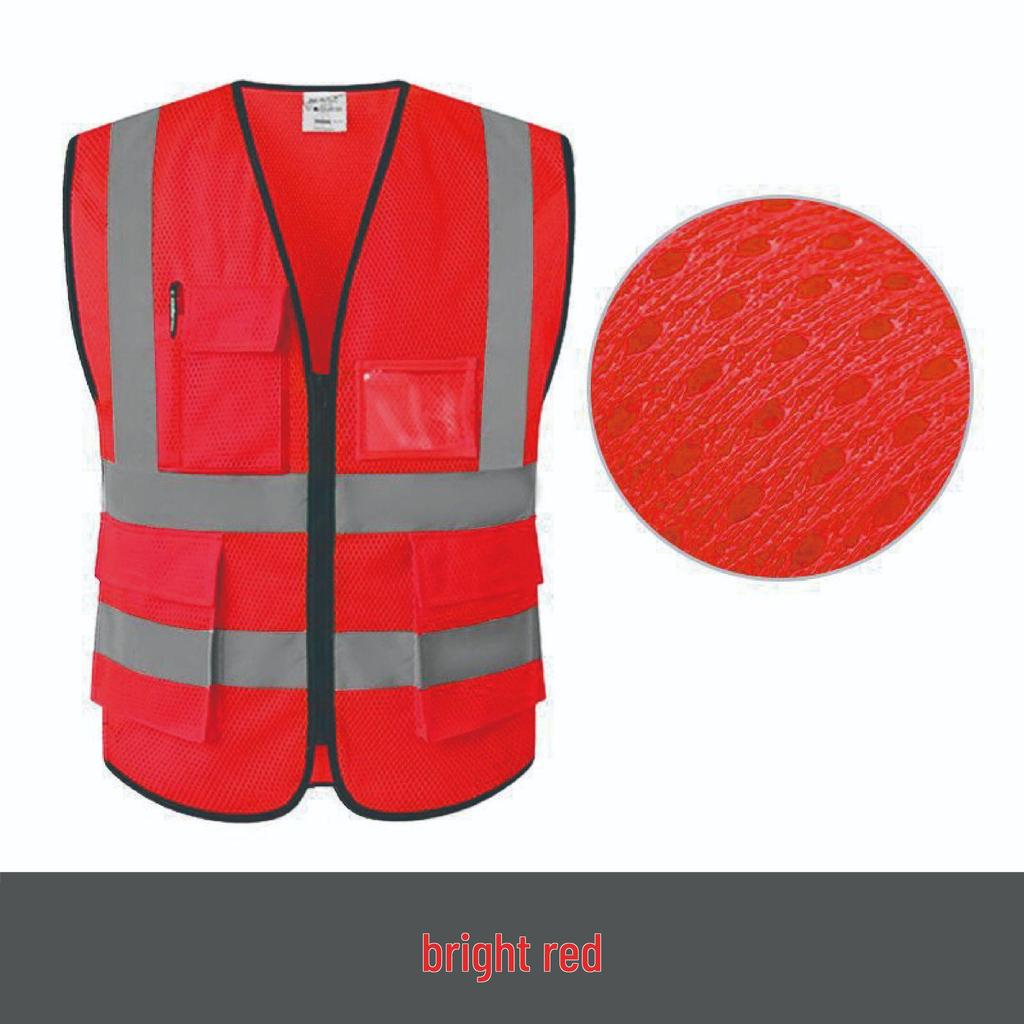 Fluorescent Mesh Safety Vest with Reflective Strips and Multi-Pocket Design